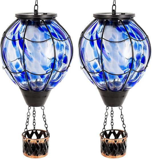 2PCS Solar Hot Air Balloon Lantern with Flickering Flame,Blue Glass Hot Air Balloon Solar Lanterns Outdoor Waterproof Hanging Decorative Light for Patio Porch Yard,Garden Gifts for Women