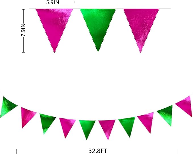 Pink and Green Party Decorations Metallic Hot Pink Light Green Fabric Triangle Pennant Banner Flag Bunting Garland for Witches Theme Birthday Wedding Baby Shower Engagement Bachelorette Party Supplies