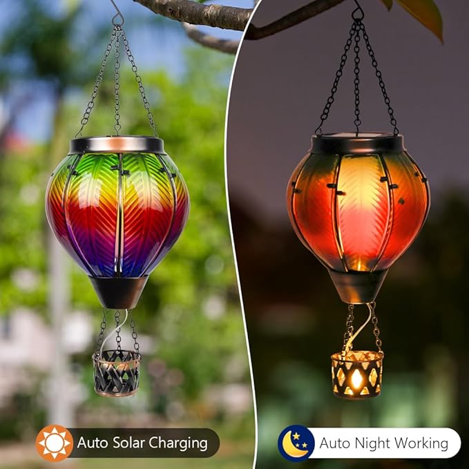 Colorful Solar Hot Air Balloon Lantern with Flame Flickering LED Glass Hanging Solar Lanterns Outdoor Waterproof Hot Air Balloon Lights for Patio Yard Garden Decor,Mother Day Gifts for Women