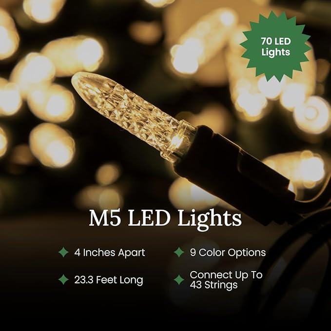 Pro Christmas M5 LED Holiday Lights - 70 Bulbs, 23.3ft - Professional Grade Indoor Outdoor Diamond Cut Sparkle Light Strings for Home Decorations and Christmas Trees - Multi Color