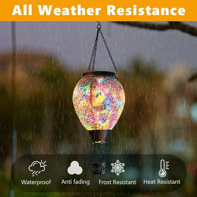 DREAMSOUL Mosaic Hot Air Balloon Solar Lantern with LED Light, Hanging Glass Solar Lanterns Outdoor Waterproof for Garden Patio Porch Decor