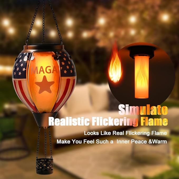U.S Flag Hot Air Balloon Solar Lantern - MAGA Simulated Flickering Flame Stained Glass Light for Outdoor, Yard Hanging/ Waterproof IP65, Ideal 4th of July Gift for Patriot Veterans Patio Decor