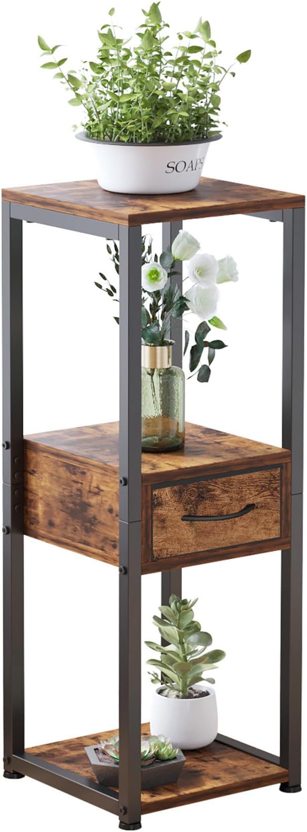 Tall Plant Stands Indoor, 3 Tier Plant Table with Fabric Drawer , Corner Plant Stands for Indoor Plants Multiple, Small Side Table for Indoor Plants, Tall Plant Table
