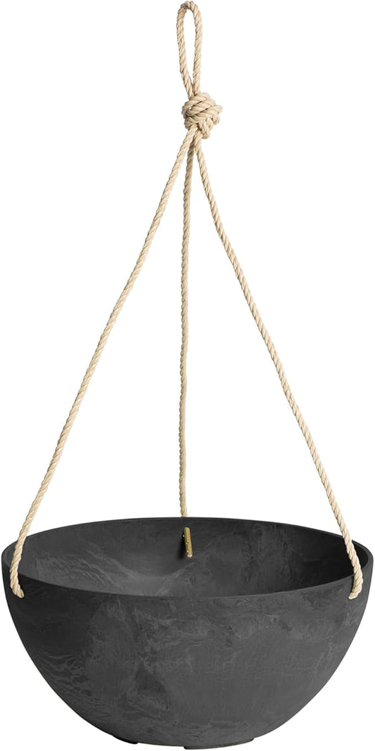 Root & Vessel Self Watering Hanging Planter for Indoor or Outdoor Plants, Unique Marbled Hanging Basket Made of Eco-Friendly Blend of Stone & Plastic, Black, 12"