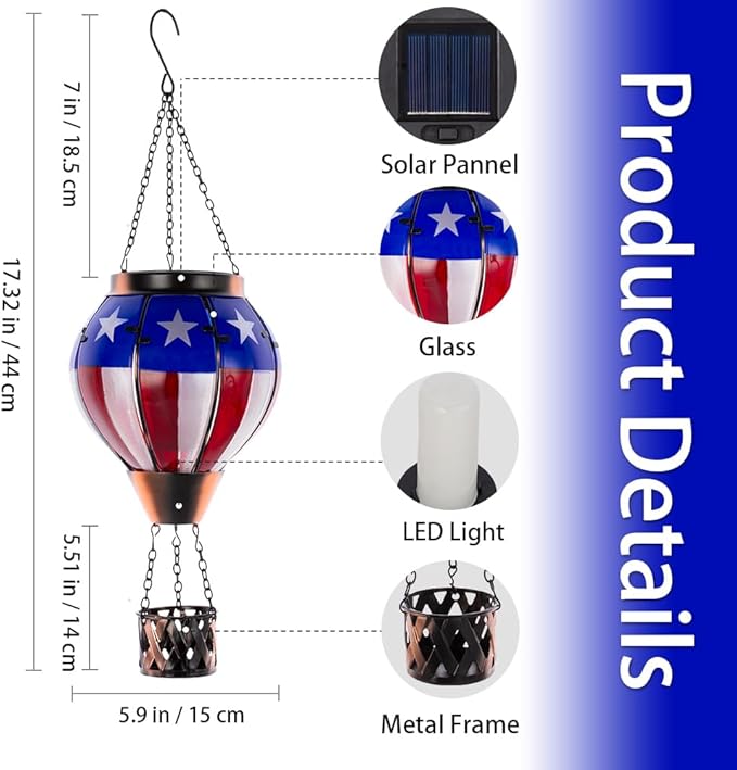 Hot Air Balloon Outdoor Lantern with Flickering Flame, Handmade Glass Solar Lantern with Flag Pattern Waterproof Lantern Lamp for Patio, Garden, Porch