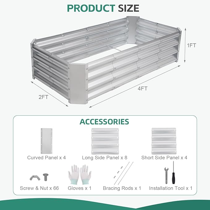 Galvanized Raised Garden Bed - 4x2x1ft Metal Garden Planter Box Outdoor | Steel Raised Bed Kit with Bracing Rods, Gloves for Gardening Vegetables Fruits and Flowers (Silver)