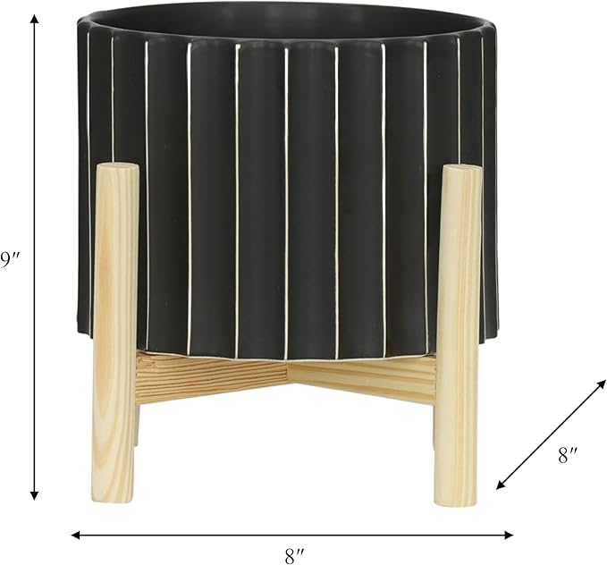 Sagebrook Home 8" Ceramic Planter - Black Planter Elevated on Wooden Stand with Fluted Design - for Indoor or Outdoor Plants, Great Gift Idea for Plant Lovers