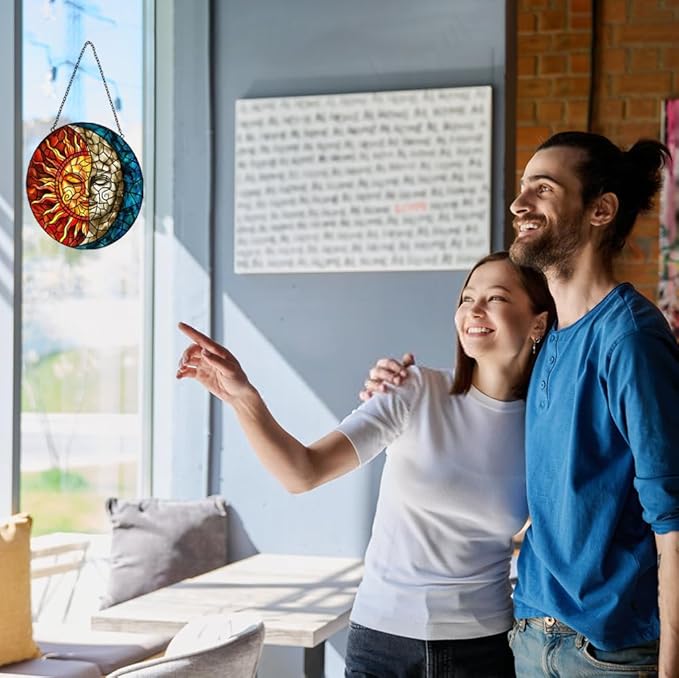 Sun and Moon Suncatcher Stained Glass Window Hanging - Handmade Stain Glass Suncatchers with Chain - Sun Catchers Indoor Window Glass Panel for Home Decor Garden Thanksgiving Valentines Day Gifts