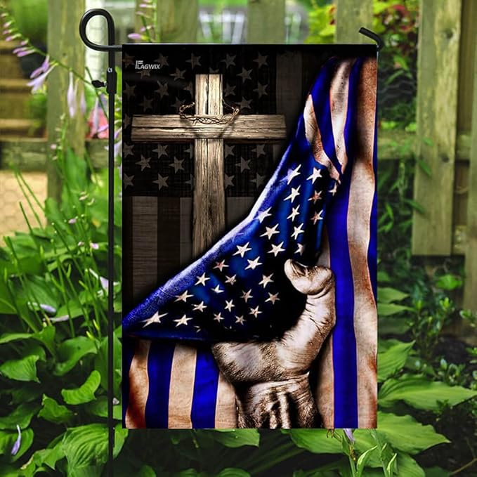 FLAGWIX The Thin Blue Line Christian Cross, America US Flag - 4th of July Decorations for Home, Garden, House Flag (29.5" x 39.5") - USA House Garden Flags Premium Polyester, Decorative Outdoor Flags
