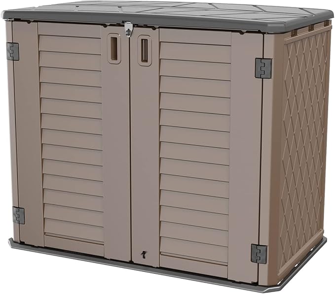 Horizontal Resin Storage Shed, 34 Horizontal Cu.ft Outdoor Storage Cabinet Waterproof for Garden/Backyard/Home/Pool, Lockable(34 Cu.ft-Brown)