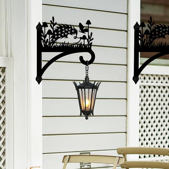 peacoblue Iron Plant Hangers Hooks for Outdoor Indoor Hanging Plants Flower Fern Pots Lantern Bird Feeder Wind Chimes, 12”x14” Weather Resistant Metal Wall Holder for Porch Garden Farmhouse(Hedgehog)