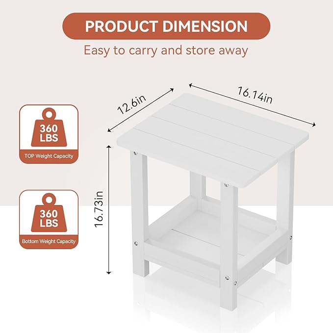 Outdoor Side Table with 2 Layers Storage Small Adirondack Square Side Tables for Outside Weather Resistant Patio End Table for Pool, Backyard, Indoor Companion, Front Porch, White