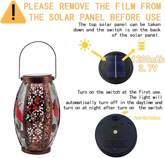 2PCS Cardinal Solar Lanterns Glass & Metal Hanging Light Outdoor Waterproof 16" H Tabletop Lamp with Hollowed-Out Design with Shepherd's Hooks for Garden Patio Table Decor