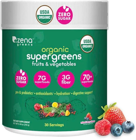Zena Greens Organic SuperGreens Powder 30 Day 70+ Superfood 3G Fiber 0 Sugar