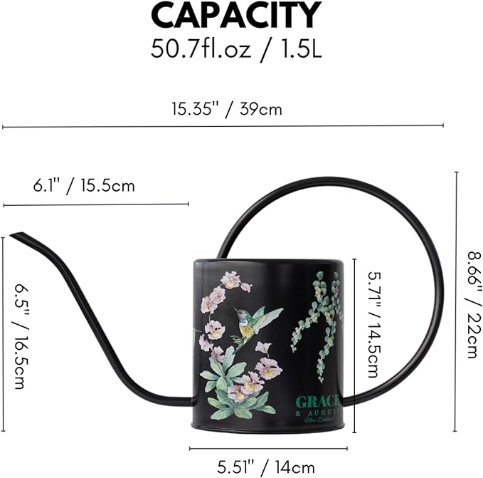 Watering Can for Indoor House Plants - Cute Decorative Metal Gardening Small Water Can for Houseplants & Flowers with Long Spout - 1.5L 51floz 0.4 Gallon (Hummingbird Black)