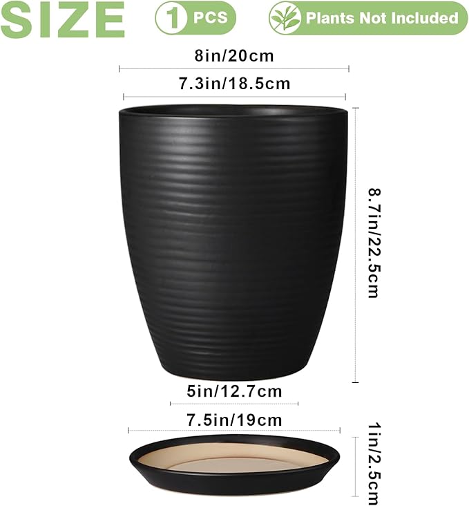 Ceramic Plant Pot - 8 Inch Ceramic Planter for Indoor Plants Glazed Round Flower Pot with Drainage Hole and Saucer Black
