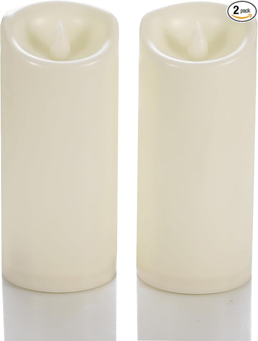 CANDLE CHOICE Waterproof Outdoor Battery Operated Flameless Candles with Timer Flickering Plastic Resin Electric LED Pillar Lights for Lantern Patio Garden Wedding Party Decorations 3x7 Inches 2 Pack