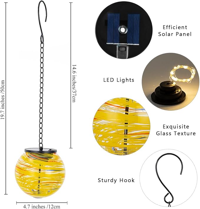 Solar Lanterns Outdoor Waterproof LED Lights 4.7" Glass Hanging Solar Lights with Metal Chain,Gazing Globe Ball Outdoor Decorative Lantern for Patio Pathway Yard Garden Decor(Yellow)