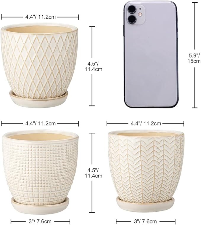 Oairse 4 inches Ceramic Planter Pots 3 Set of Small Round Flower Pots with Drainage Hole and Ceramic Tray for Succulents Cactus Indoor Outdoor Garden Home Windowsill