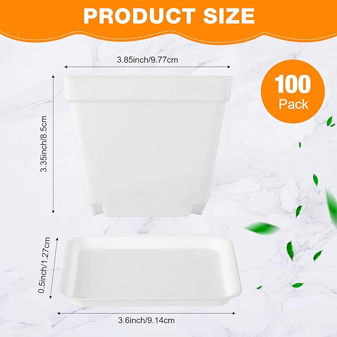 100 Pieces 4 Inch Flower Pots Square Plants Nursery Pot Plastic Plant Seedling Pots Nursery Transplanting Planter Container with Saucer for Indoor Herbs Succulents Balcony Garden Office (White)