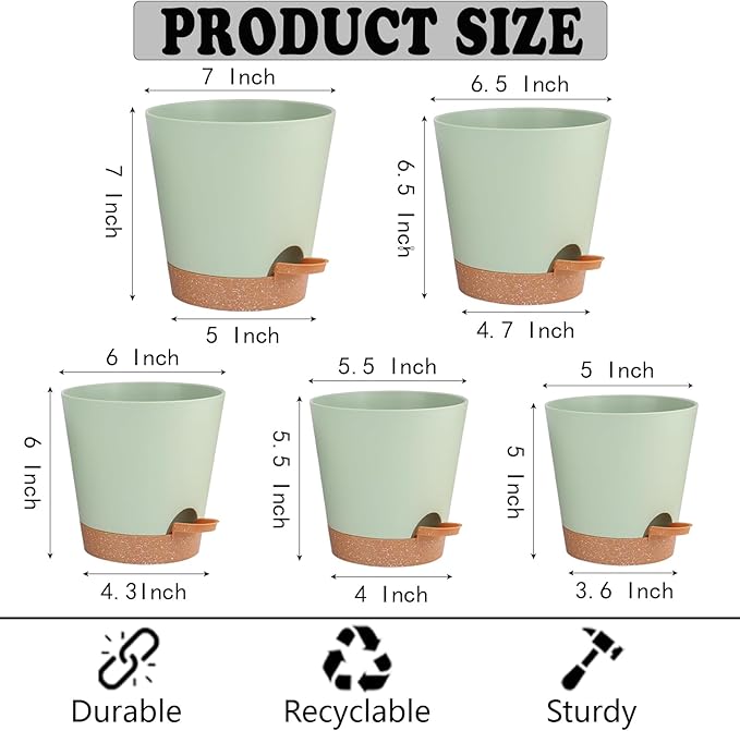 Self Watering Planters for Outdoor Plants 7/6.5/6/5.5/5Inch 5Pack Flower Pot for House Plants Green Indoor Plastic Pots Plant Pots Succulent Pots with Drainage Hole and Deep Reservoir