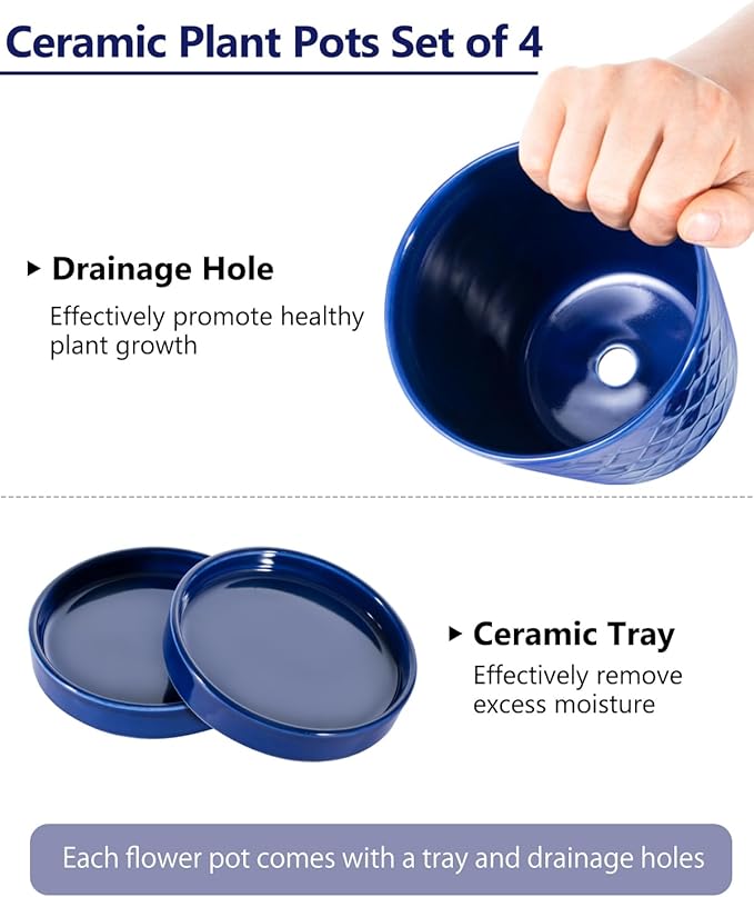 EFISPSS Ceramic Plant Pots, 5Inch Pots for Indoor Plants, Planters with Drainage Holes and Ceramic Tray,Plant Lover Gift, Desktop Office Windowsill Decoration Gift Set of 4 - Blue