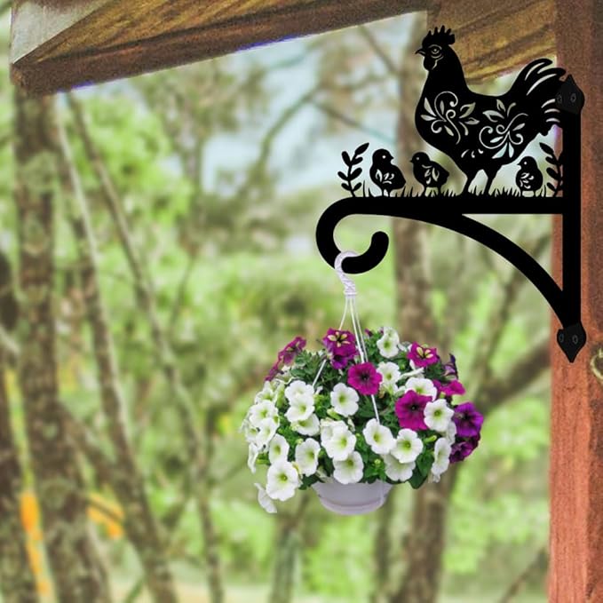 peacoblue Iron Plant Hangers Hooks for Outdoor Indoor Hanging Plants Flower Fern Pots Lantern Bird Feeder 12"x15" Weather Resistant Metal Wall Holder for Porch Garden Farmhouse(Hen and Chicks)