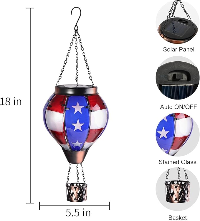 pearlstar Hot Air Balloon Solar Lantern with Flickering Flame Light Outdoor Solar Hanging Lights Waterproof for Garden Yard Farmhouse Patio Pathway Outside Independence Day Decoration,Glass, Star