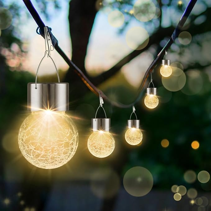Solar Outdoor Lights Decorative 12 Pack, Hanging Solar Garden Lights Waterproof, Solar Powered Globe Lantern Cracked Glass Ball Lights for Yard Patio Fence Tree Umbrella Holiday Decoration,Warm White