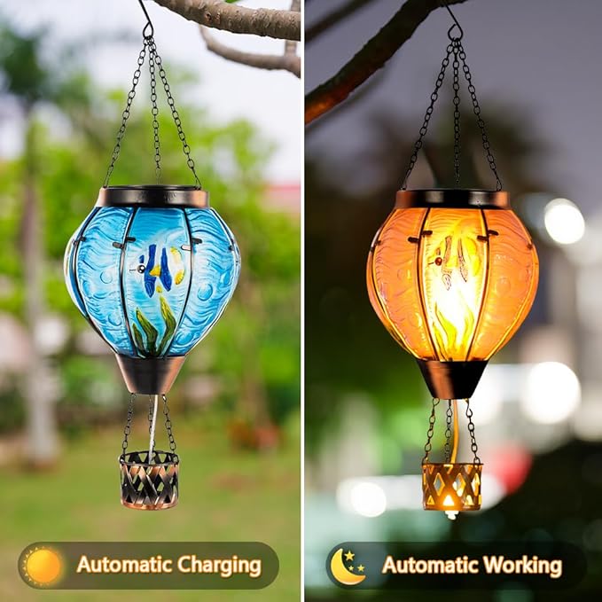 Blue Fish Hot Air Balloon Solar Lantern with Flickering Flame Light,Glass Hanging Solar Lanterns Outdoor Waterproof,Hot Air Balloon Decorative Lights for Patio Yard Porch Garden Gift for Women
