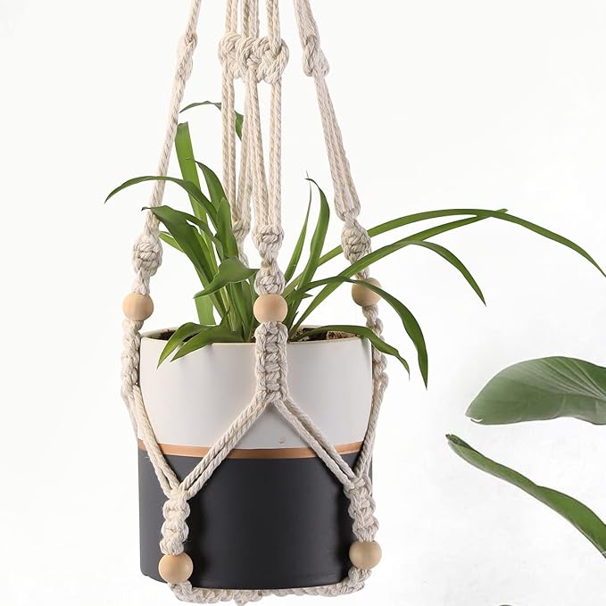 3-Pack Macrame Plant Hanger Indoor - Hanging Planter Basket for Indoor Outdoor - Decorative Boho Plant Holders Set with Beads - Ceiling Flower Pot Holder with 6 Hooks - 35"/30"/24" White