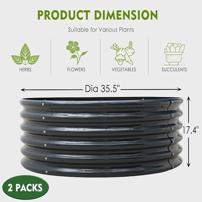 FORTUNO High Round Galvanized Raised Garden Bed Kit Box Dia 3 x H 1.5Ft (2 Pack) Metal Outdoor Flower Bed Steel Patio Ground Planter for Planting Vegetables and Herb, Dark Grey