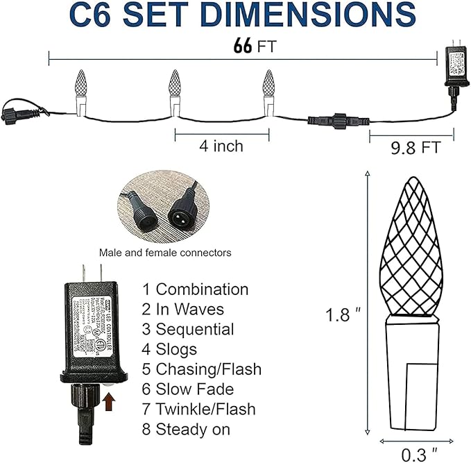 Dazzle Bright C6 Christmas String Lights, 200 LED 66 FT Waterproof Connectable String Lights with Timer, 8 Modes Christmas Lights for Indoor Outdoor Home Garden Yard Xmas Tree Decoration (Blue)
