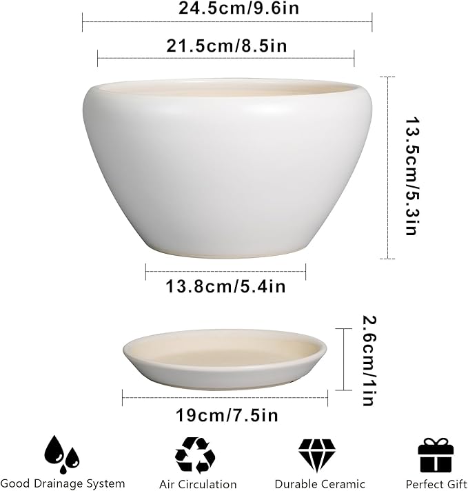 Ceramic Planter - 9 Inch Plant Pot Indoor with Drainage Hole and Saucer for Outdoor Plants Mid-Century Round Planter Modern Flower Pot for House Garden White