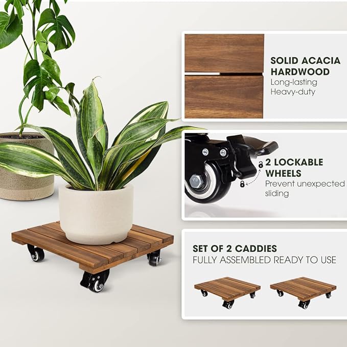 Idzo 2-Pack 14 Inch Wood Plant Caddy with Wheels Heavy Duty, 264 lbs Acacia Hardwood Plant Caster Dolly Rolling Stand with 360° Lockable Wheels for Heavy Plant Pots and Outdoor Use