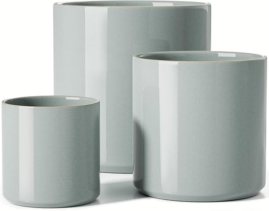LE TAUCI Ceramic Plant Pots Indoor, 10+8+6 Inch Planters for Indoor Plants, Mid-Century Modern Flower Pots with Drainage Hole and Plug, Cylinder Round Planters, Set of 3, Blue Gray