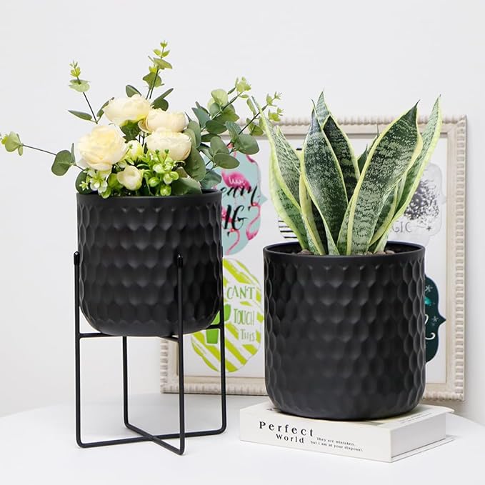 TRIROCKS Set of 2 Planters with Stand Indoor Outdoor Metal Plant Stand 8 * 18 &7 * 12 "Modern Planters Flower Pots for Living Room Corner Kitchen Office Garden Balcony Patio Decor(Black)
