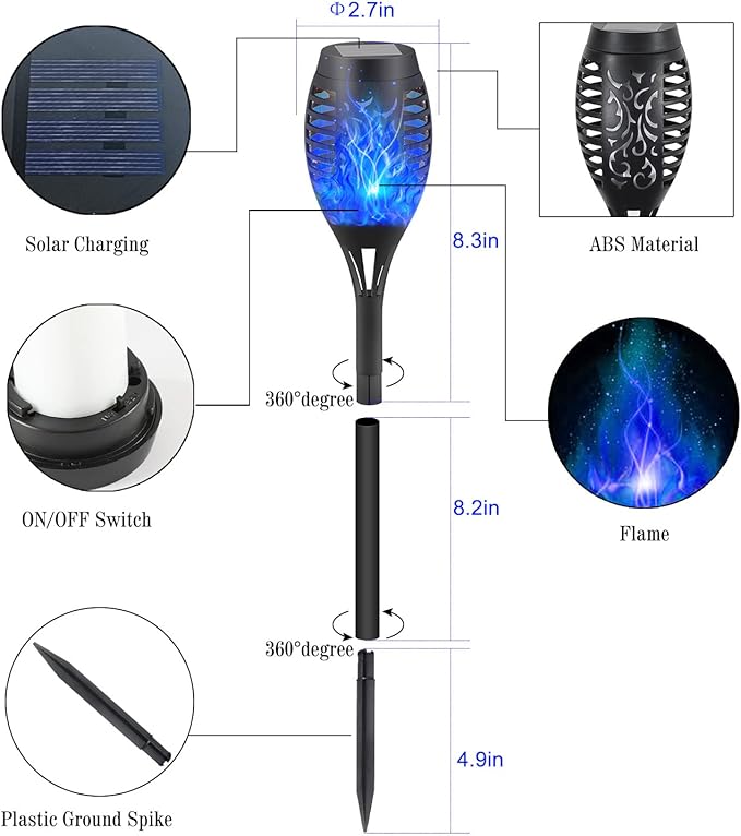 12-Pack Blue Solar Flickering Flame Torches – Waterproof Solar Garden Lights, Outdoor Solar Lights for Yards, and Flame Torches for Patio and Pathway Decorations
