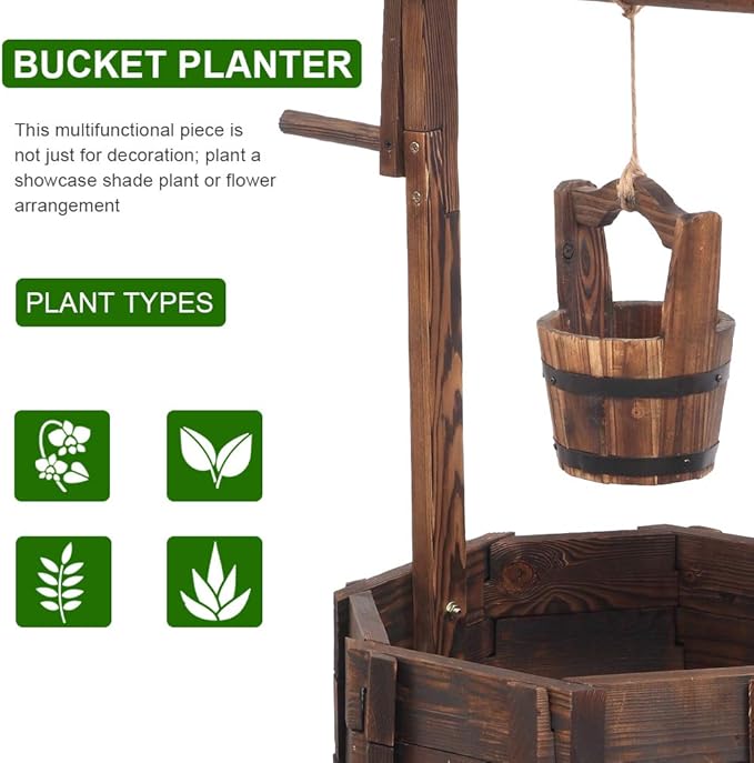 Wooden Wishing Well with Hanging Bucket, Outdoor Rustic Wishing Well Planter for Flowers and Plants, Well Covers for Yard, Garden Decor for Outside