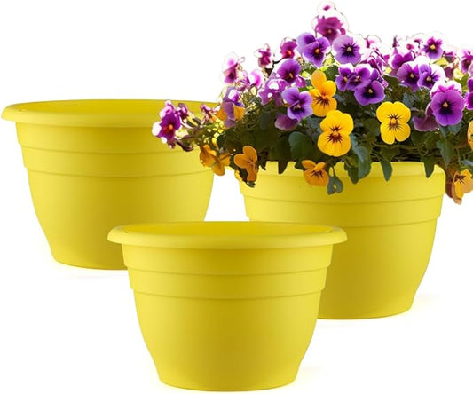 Plant Pots Set of 3, 11 Inch Round Flower Pots, Thickened Plant Planters with Drainage Holes, Garden Pots for Indoor Outdoor, （3 Pack, Yellow