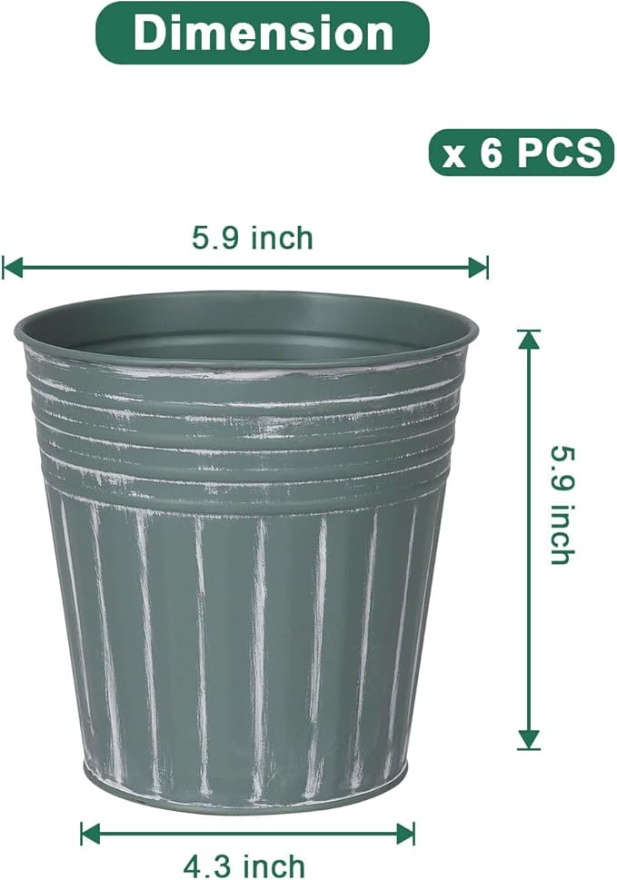vensovo 6 Inch Grey Green Metal Rustic Flower Pots - 6Pcs Medium Galvanized Planters with Drainage Hole and Rubber Plug, Rustproof Metal Bucket Plant Pots Farmhouse Vintage Style for Decor