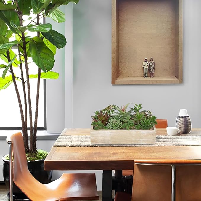 Artificial Succulent Plants in Pot 10 Inch Fake Succulent Arrangement Potted Succulents Plants Centerpiece in Rectangular Wooden Planter for Home Office Desk Shelf Living Room Bedroom Farmhouse Decor