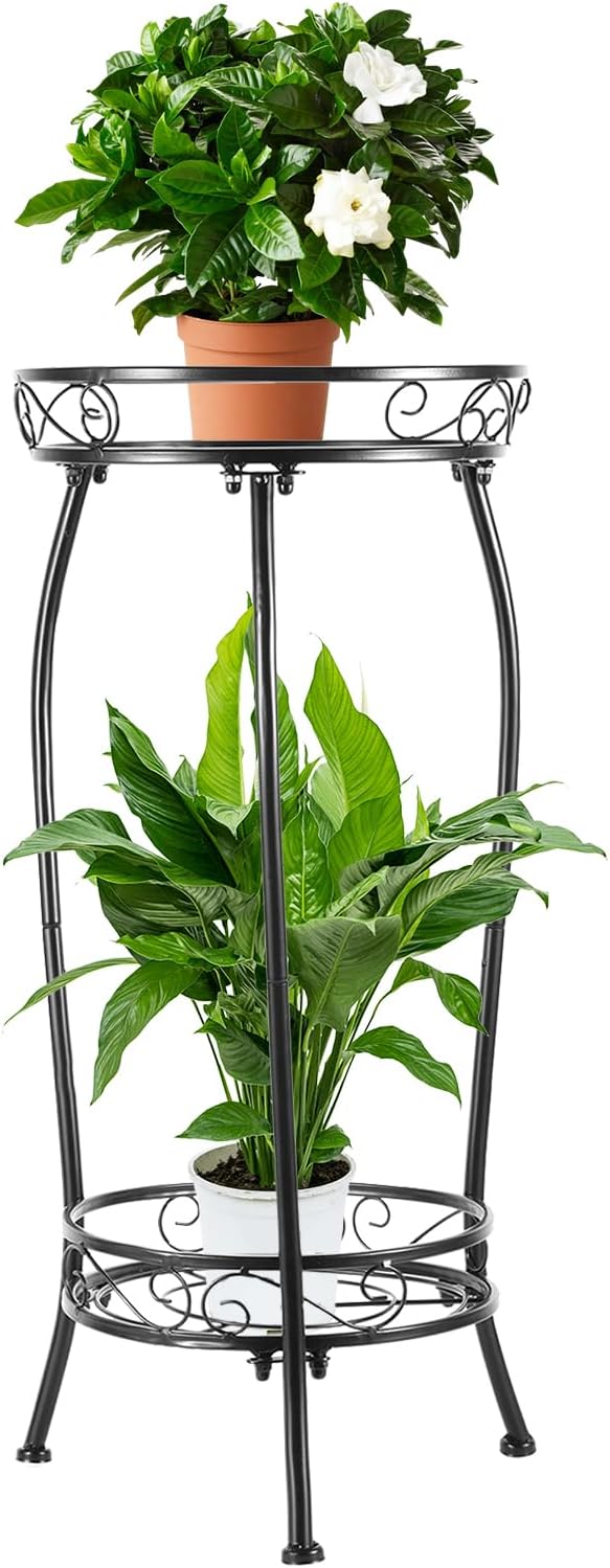 Plant Stand Indoor Outdoor 2 Tier 27" Tall Metal Potted Holder Rack Flower Pot Stand Heavy Duty Plant Shelf Rustproof Iron Multiple Plant Round Supports Rack for Planter Corner Garden Balcony Patio