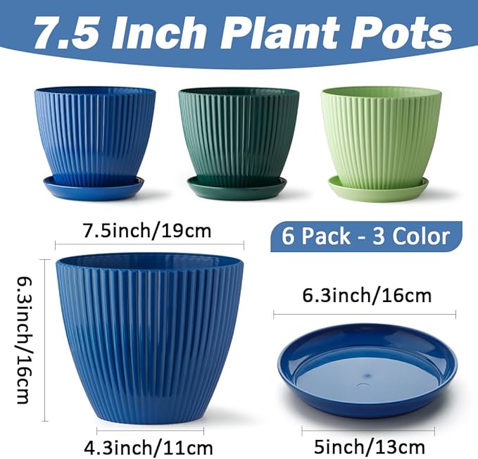 7.5 Inch Plant Pots 6 Pack, Plastic Pots for Plants with Drainage Holes and Saucers, Mix-Colores Plant Planter with 3 Colors Indoor and Outdoor Flower Pots (Top Diameter 7.5 inch Plus)