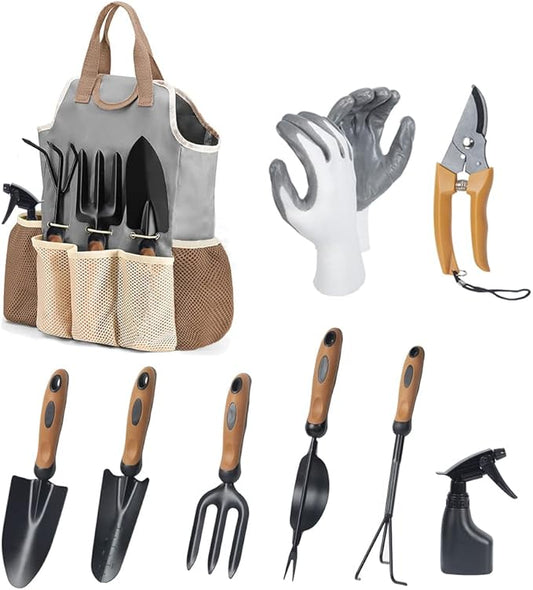 Garden Tool Set,9 Pcs Stainless Steel Gardening Tools with Weeder Cultivator Trowel Sprayer Gloves Storage Organizer,Ergonomic Soft Rubber Handle Garden Tools for Men Women Gift (premium garden tools)