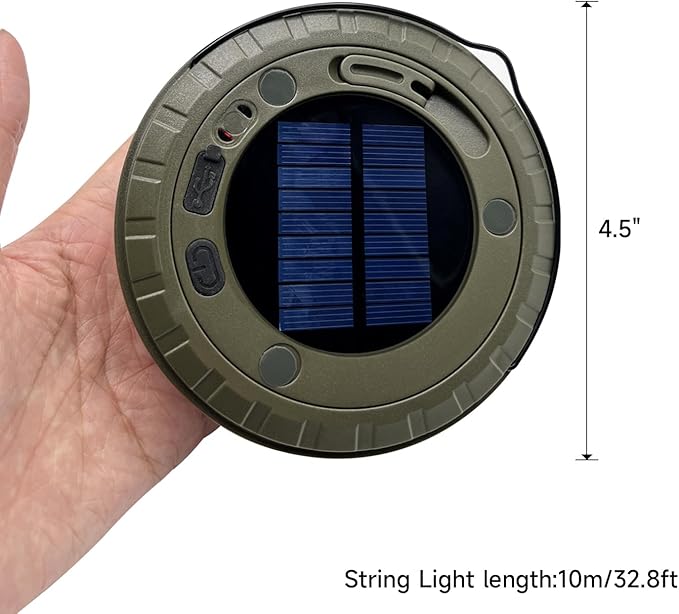 Solar Camping String Lights Roll Up 32.8FT, Rechargeable via Solar and USB, Waterproof Portable 2 in 1 Camping String Lights Lamp for Outdoor Camp Tent Garden Party Festival Decorations
