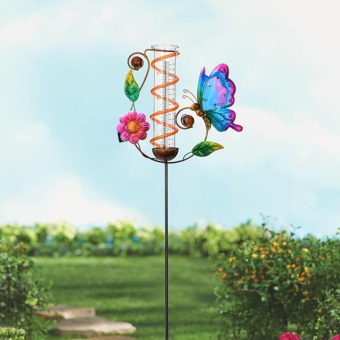 BAYN 36.3” Rain Gauge Outdoor Solar Powered 10 LEDs 7” Tube Garden Butterfly Metal Decorative Stake with Waterproof Large Glass Tube Rain Guage for Yard, Garden, Patio, Lawn