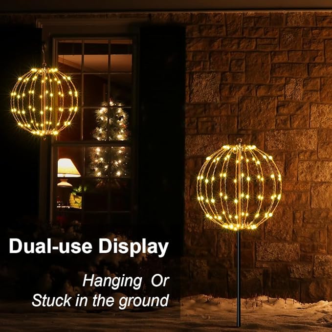 LIGHTSHARE 12IN 96LED Light Ball Light Garden Yard Decoration Pathway Lights Sphere Light with Fold Flat Metal Frame Indoor Outdoor Waterproof, Plug in