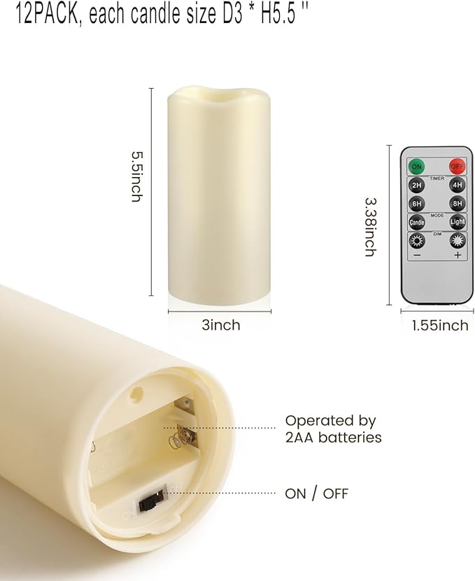 Waterpoof Flameless Remote Control Candles 15PACK D3''*H5.5''Battery Operated Flickering LED Pillar Candle,plastic with 10-Key 24Hours Timer for Outdoor/Indoor Home Party Garden Lanterns Porch (Ivory)