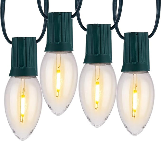 Vintage C9 LED Christmas Lights Outdoor Warm White, 50 Feet C9 String Lights for Christmas Tree Roofline Holiday Party Indoor Outdoor Garden Patio Backyard Cafe Xmas Decoration, Green Wire